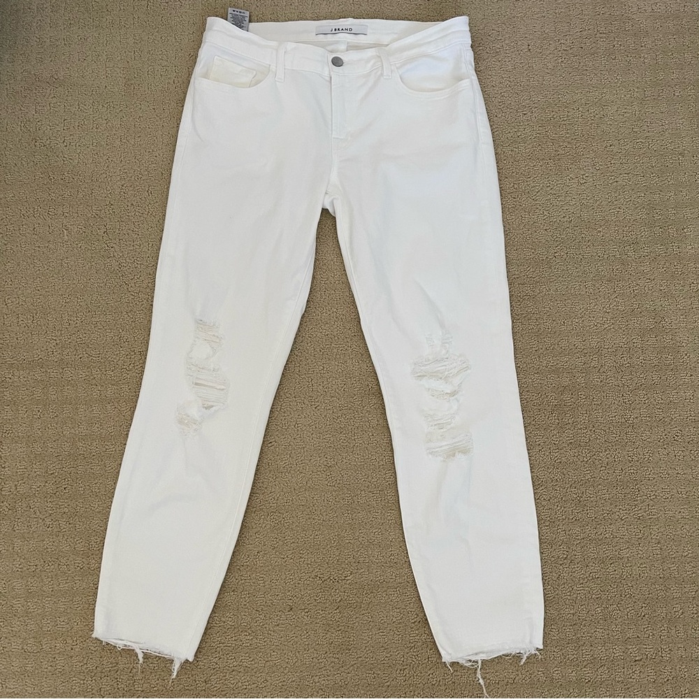 J BRAND Low Rise White Ankle Skinny Cropped Distressed Jeans Frayed Hem Size 27